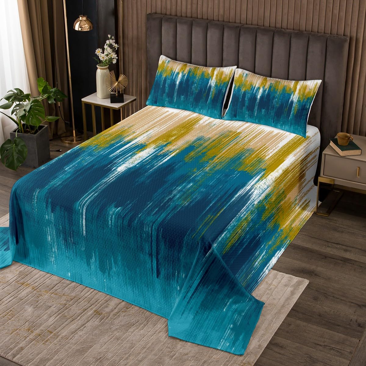 Feelyou Yellow Teal Bedspread King Size Kids Stripes Quilted Coverlet for Boys Teens Geometric Coverlet Set Breathable Modern Striped Art Quilted Room Decor Abstract