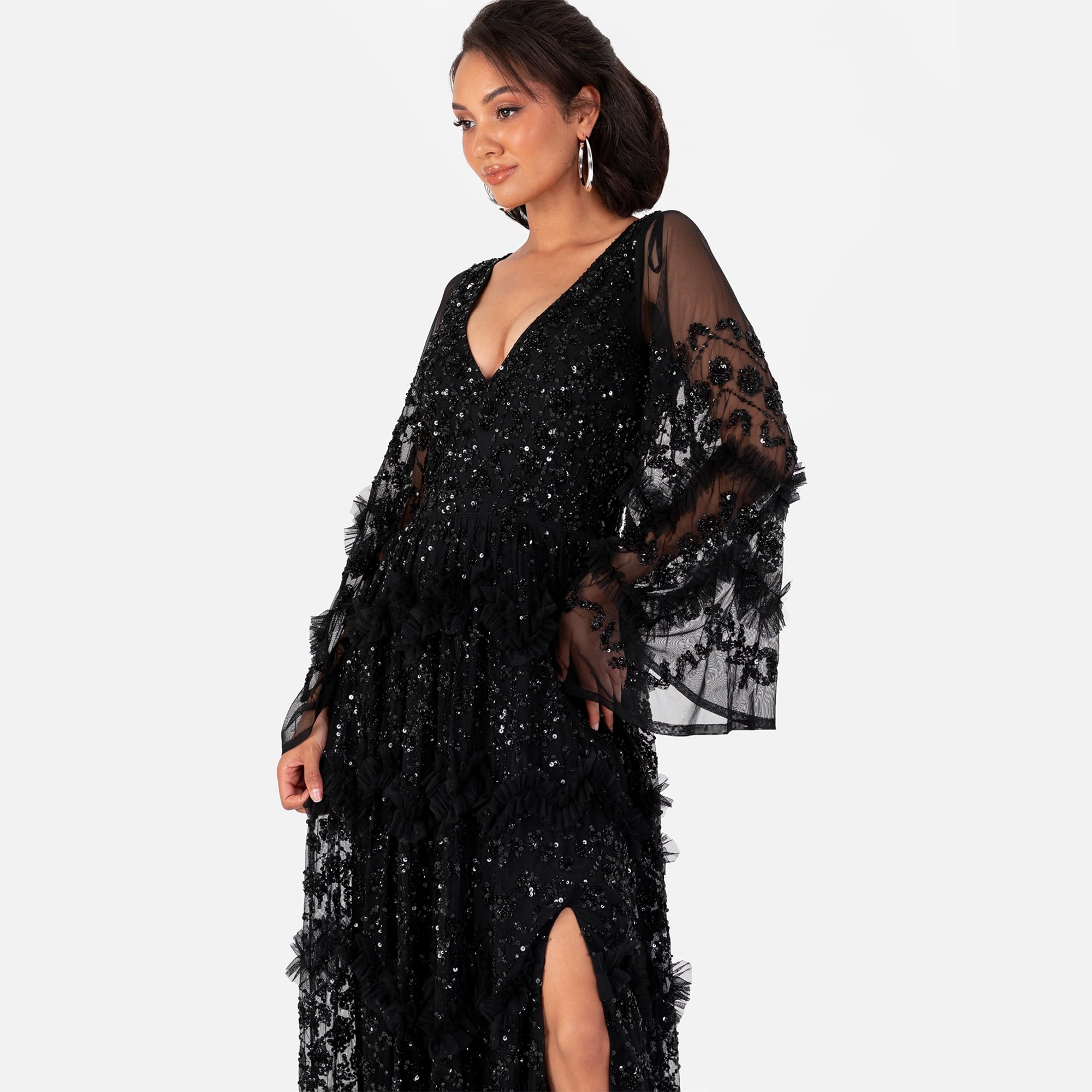 Maya Deluxe Damska sukienka maxi, dekolt w serek, z marszczeniem, talią, rozcięciem, na bal balowy, dla panny młodej, dla gości weselnych, czarna, 46, czarny, 46