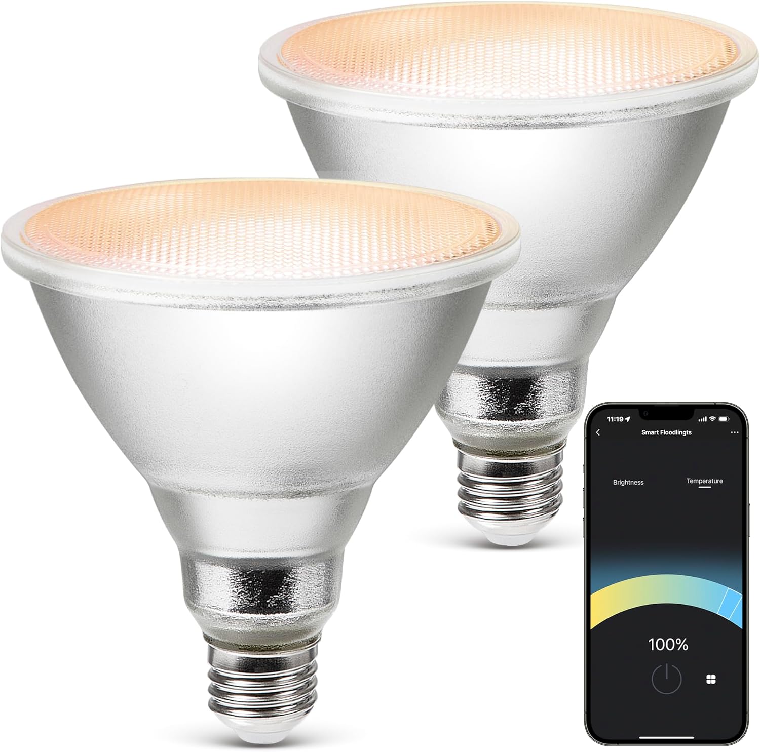 Geeni LUX Smart Floodlight, White – Outdoor 2700K-6500K Dimmable LED Bulb, E26, PAR38, 11W, 1000 Lumens – No Hub Needed – Compatible with Alexa, Google Home, Requires 2.4 GHz WiFi, 2 Pack