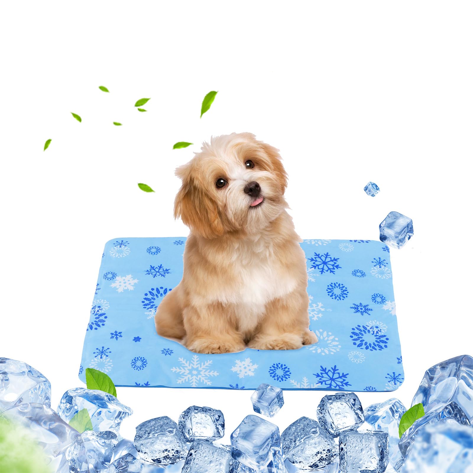 DEWEL Tappetino Refrigerante Cani e Gatti, Materassino Cane 50 x 65 cm, Adatto per Animali Domestici di Peso Inferiore a 15 kg, Raffreddamento Estivo del Lettino per Cani, Motivo a Fiocco di Neve Blu