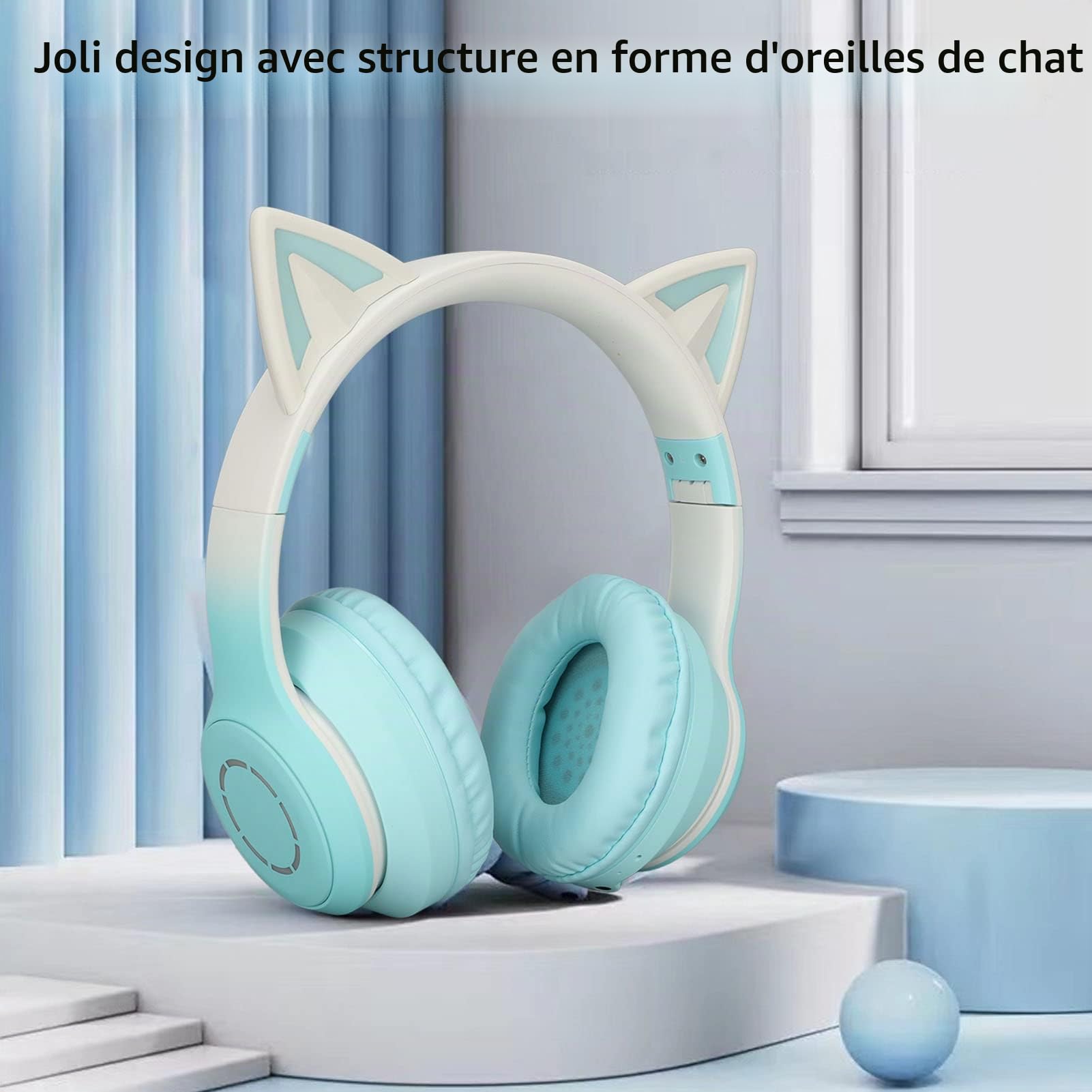 Casque de Jeu Bluetooth Cat Ear Casque Pliable sans Fil avec Lumière LED (Vert)