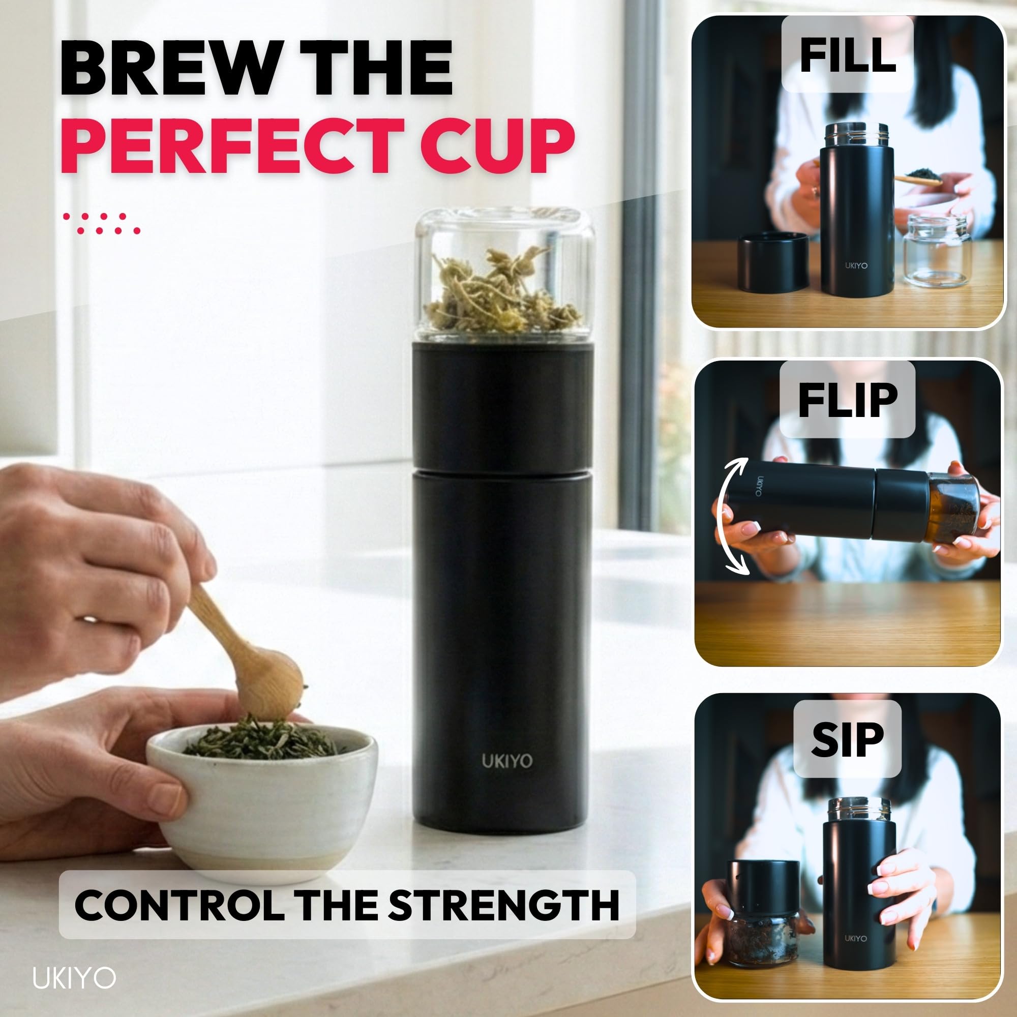 Ukiyo - Botella de acero inoxidable y vidrio con infusor de té y frutas, vaso de viaje con filtro de acero inoxidable