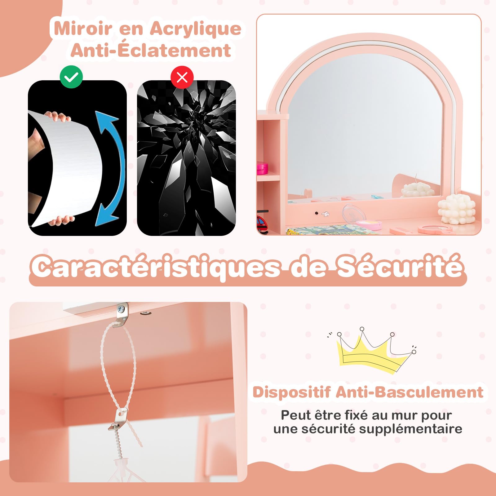 COSTWAY 2 en 1 Bureau Enfants avec Chaise & 120 Lumières LED, Coiffeuse Enfants Fille avec Miroir Acrylique, 2 Etagères & Tiroir, Dispositif Anti-basculement, Charge 50kg pour 3 Ans+ (Rose Clair)