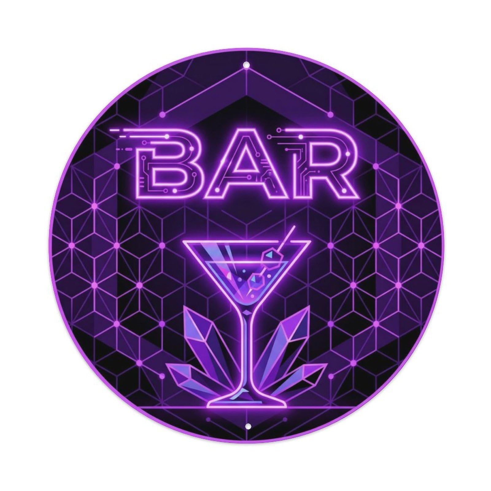 BAR Neon Purple Lounge Metal Tin Sign Plaque Wall Decor for Cafe, Club Bar, Office, Home Garden Round Metal Poster 8x8Inch