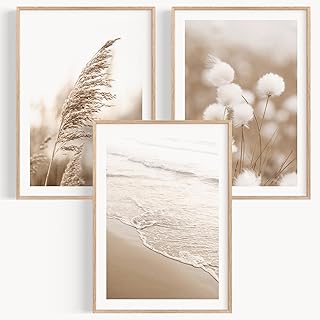 OHBIMBA® Sets Von 3 Poster & Kunstdrucke Mit Rahmen - Zimmer Deko Und Wanddeko Wohnzimmer - Deko Wohnzimmer und Bilder Schlafzimmer - Strand Boho Deko - 30x40 cm - Mit Rahmen Holz