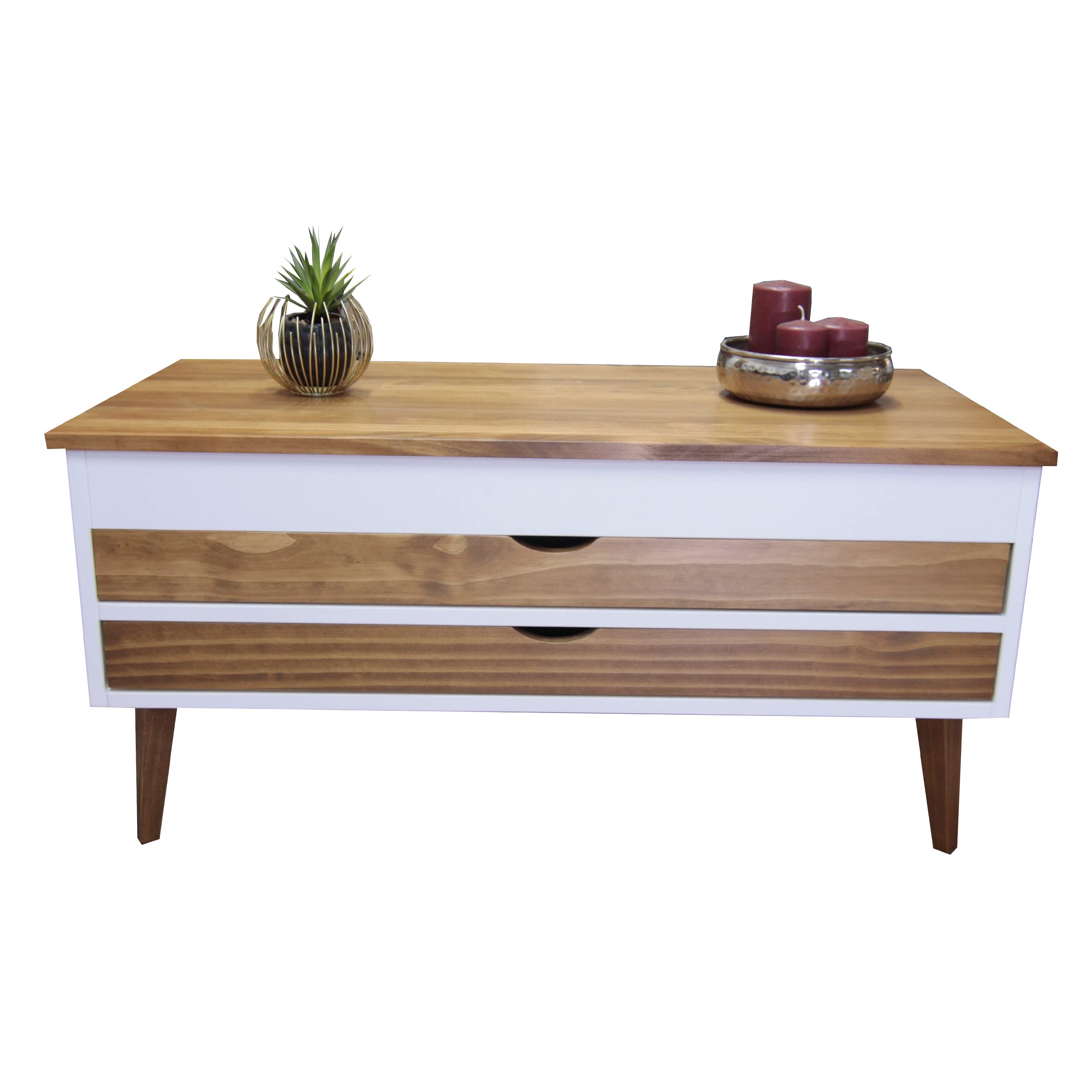 LoMasCasa - Mesa de Centro Salón Elevable Modelo Luzia 5 con Dos Cajones Deslizantes en Color Blanco y Madera Color Nogal Medidas 100x50x47 cm