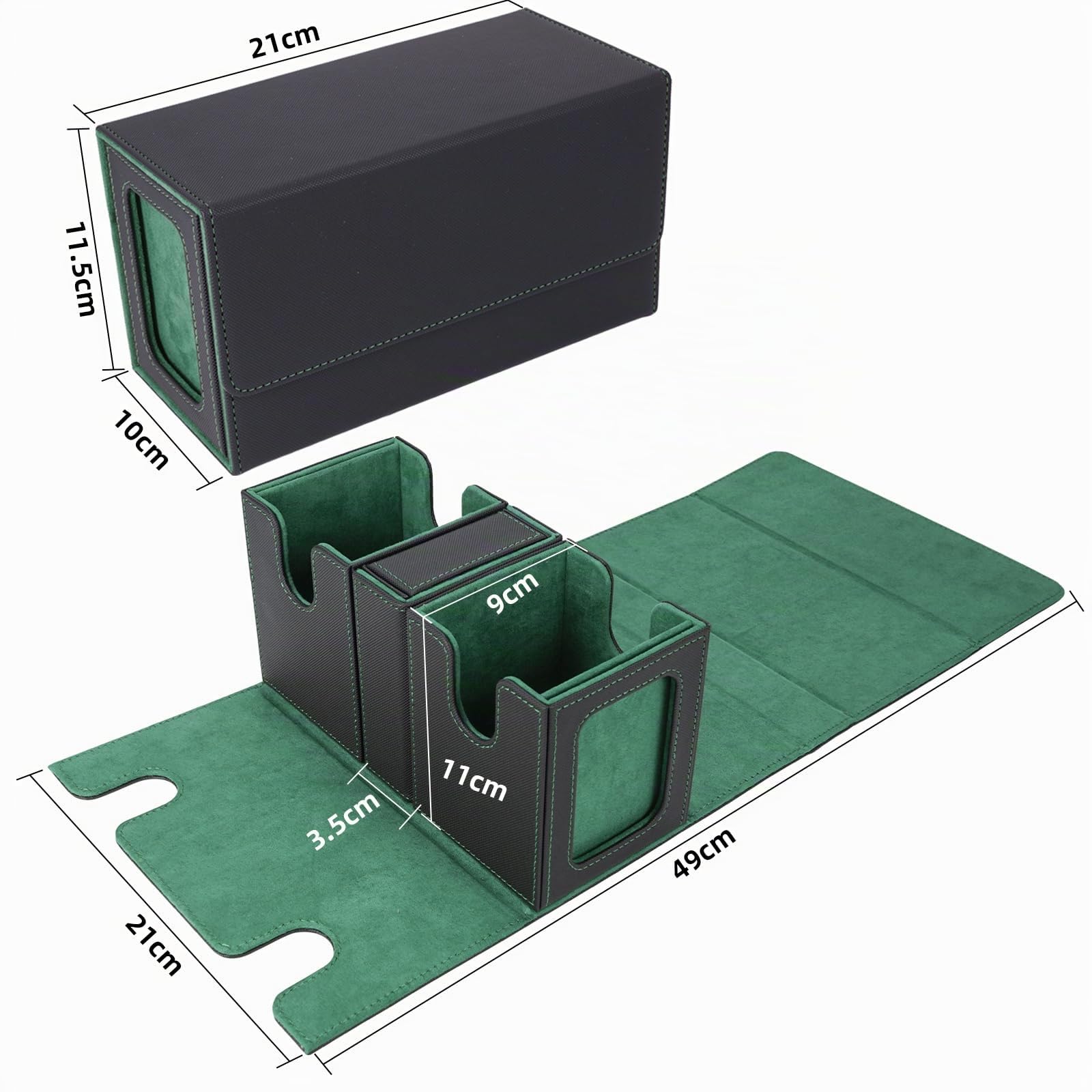 AFIING MTG Commander Kartenbox, 3-in-1 Karten-Aufbewahrungsbox für 200+ doppelt gesleevte Karten, Magnetische Deckbox mit Commander-Fenster, Würfelbox & 4 Trennwänden, für Magic TCG CCG Schwarzgrün
