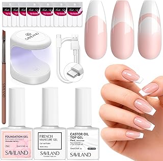 Saviland French Manicure Kit : French Tip Tools for Beginners French Tip Nail Stickers French Nail Brush White Gel Nail Polish Quick-Dry Nail Lamp French Tips Guides for Nail Art