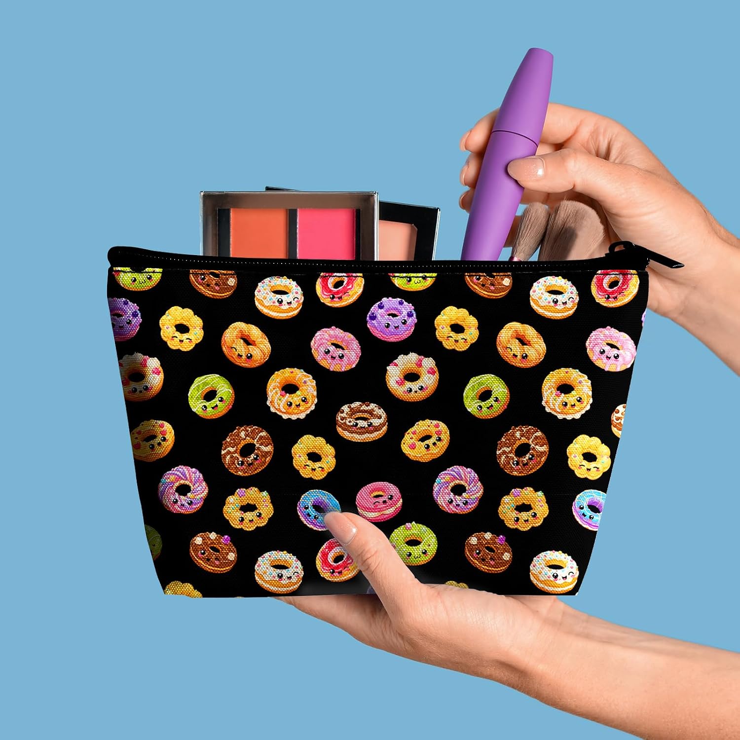 Cute Donut Makeup Bag Cosmetic Bag for Women,1Pcs Large Capacity Makeup Bags and 1Pcs Pencil Case Makeup Brushes Storage Bag Travel Toiletry Bag Organizer image 5