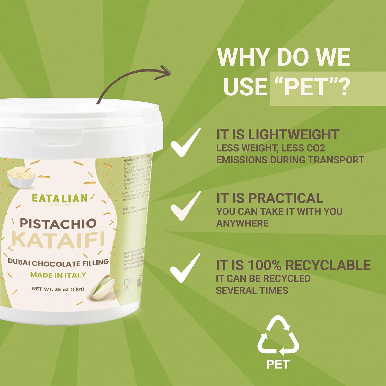 EATALIAN by AMZ BETTER Pistachio Cream with Kataifi, 2.2 lb/1000 g, Delicious Spreadable with a Sweet and Unique Taste, Ideal on Bread and with Ice Cream, Excellent for Dubai Chocolate, Made in Italy