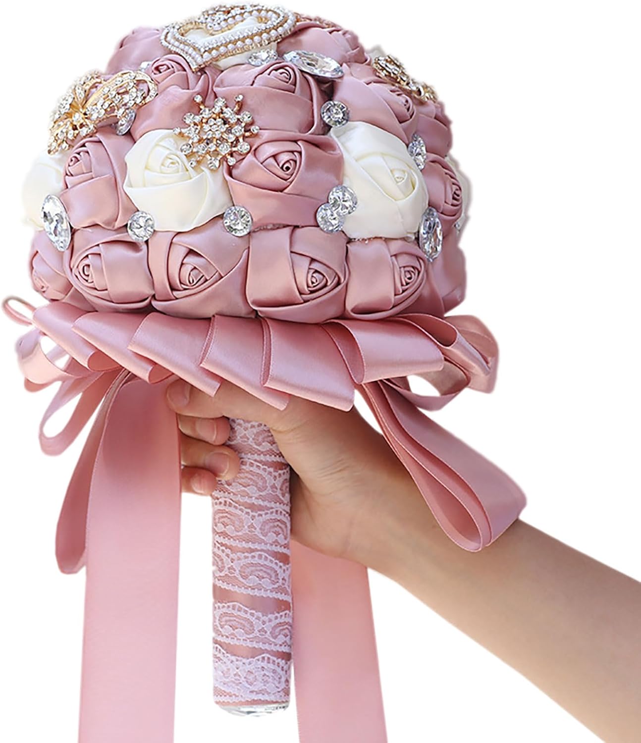 8 Inch Wedding Bouquet Satin Rose Bridal Holding Bridesmaid Crystal Brooch Artificial Flower Bouquet for Indoor Outdoor Resort Wedding Bridal Shower Quinceanera (Dusty Pink 309)