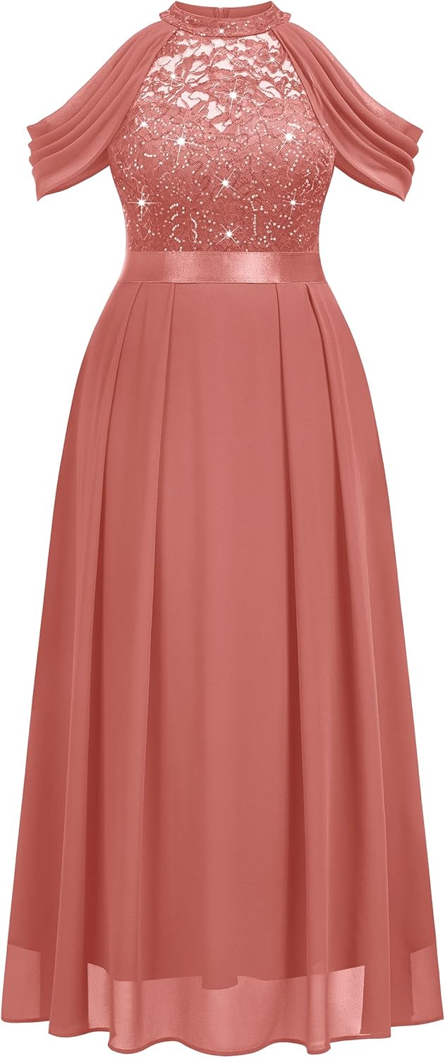 MISSMAY Women's Plus Size Dress Sequin Lace Halter with Cape Sleeves Evening Formal Maxi Dress - Image 5