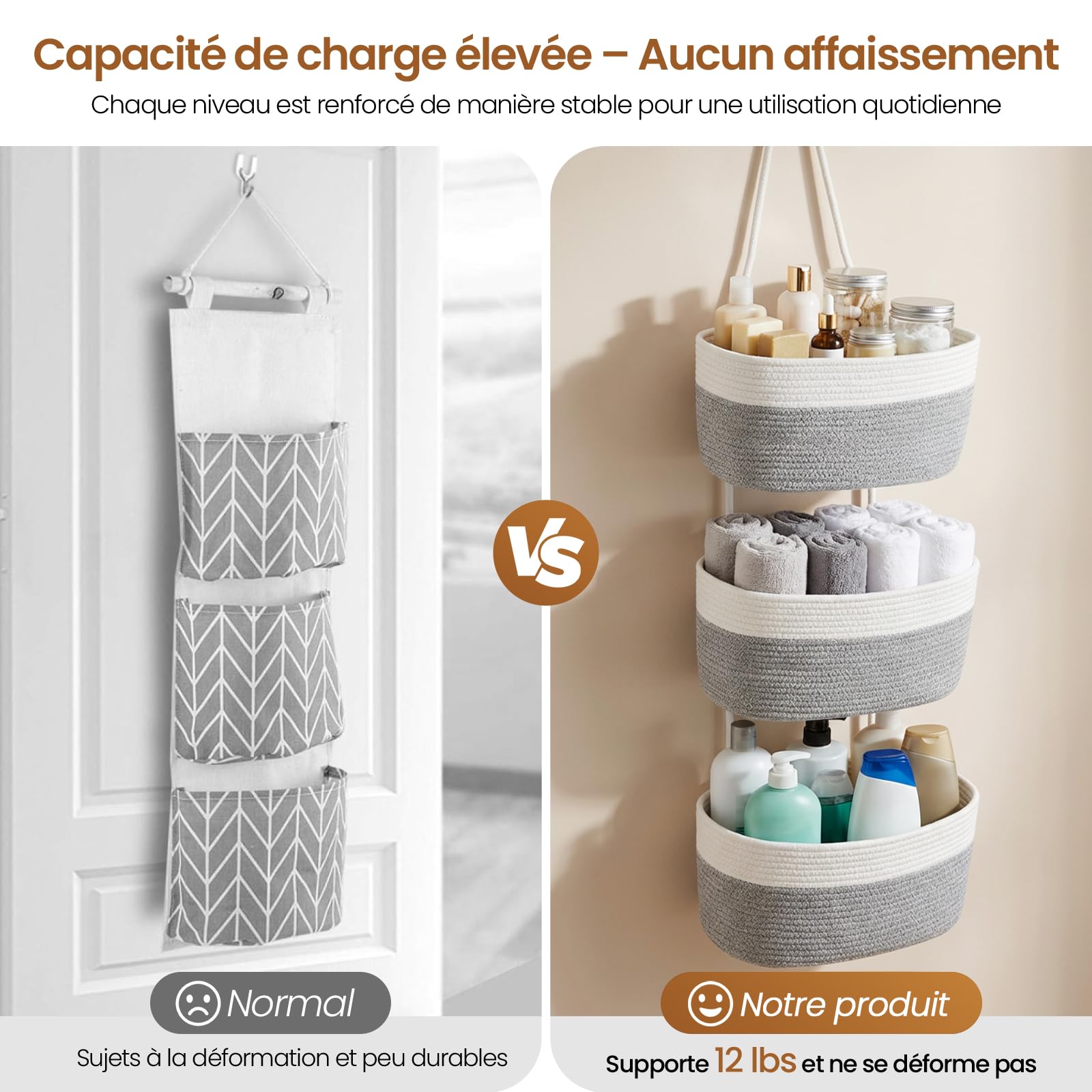 Organisateur Suspendu Mural 3 Niveaux avec Crochets, Sac Mural tissé Corde Coton – Salon, Chambre, Salle de Bain, Chambre Enfant (Gris-Blanc)
