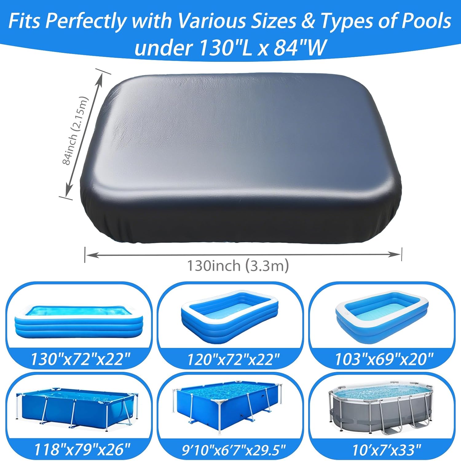 130 x 84 inch Inflatable Pool Cover, Cover is Made of 210D Heavy-Duty Waterproof Oxford Fabric with Precision Double Stitching, Fits 11 x 7 ft Frame Pool and Solar Pool Cover, 20s Easy Set