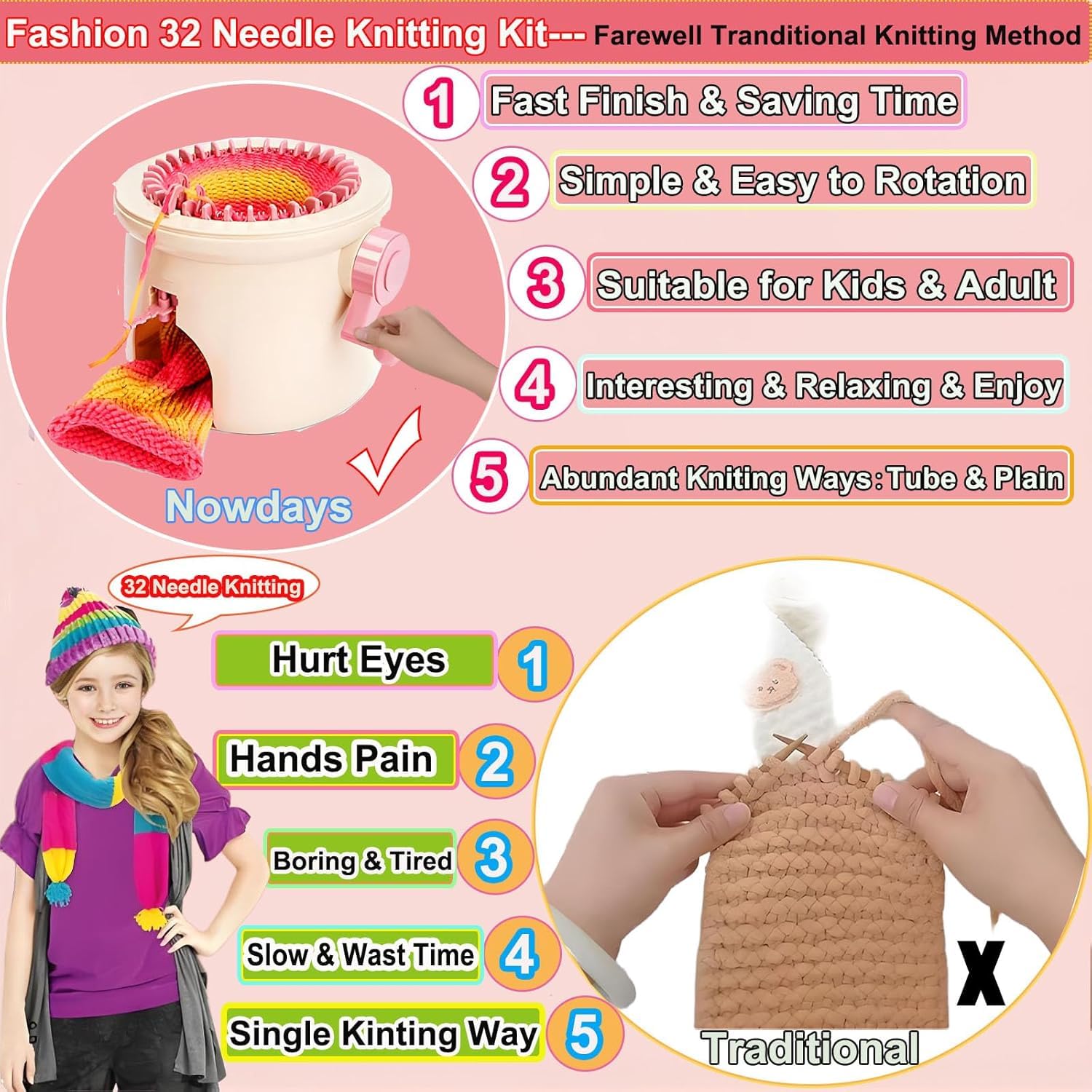 Sentro Strickmaschine, Sentro 32 Nadeln, Pilz-Strickmaschine für Erwachsene und Anfänger, automatisches Rundweben, Spinnen, Strickmaschinen-Set für Kintting Spielzeug, Mützen, Schal, Pullover