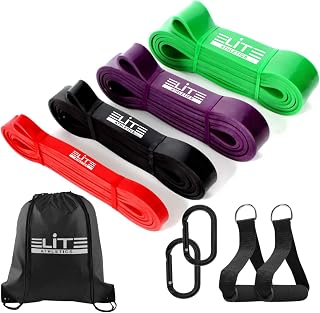 Set of 4 Pull Up Assist Bands – Exercise Resistance Bands with Foam Handles, Door Anchor, Large Carabiner and Drawstring Carry Bag for Body Stretching, Powerlifting, Fitness Training