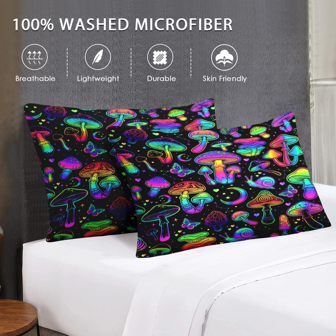 WeCozy Queen Size 4 Pcs Bed Fitted Sheet Set with 14" Deep Pocket, Black Purple Flat Sheet Set for Kids and Adults, Colorful Neon Mushroom Bedding with 2 Pillowcases