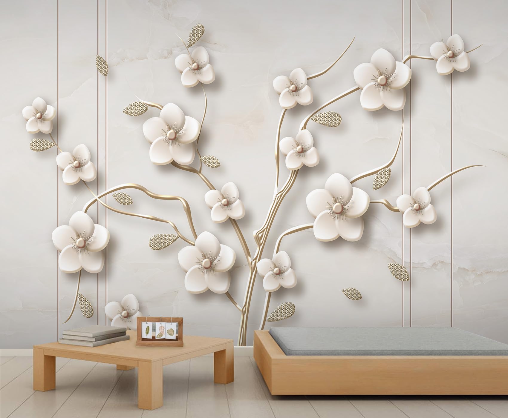 Papier peint arbre floral 3D relief blanc doré, grand format