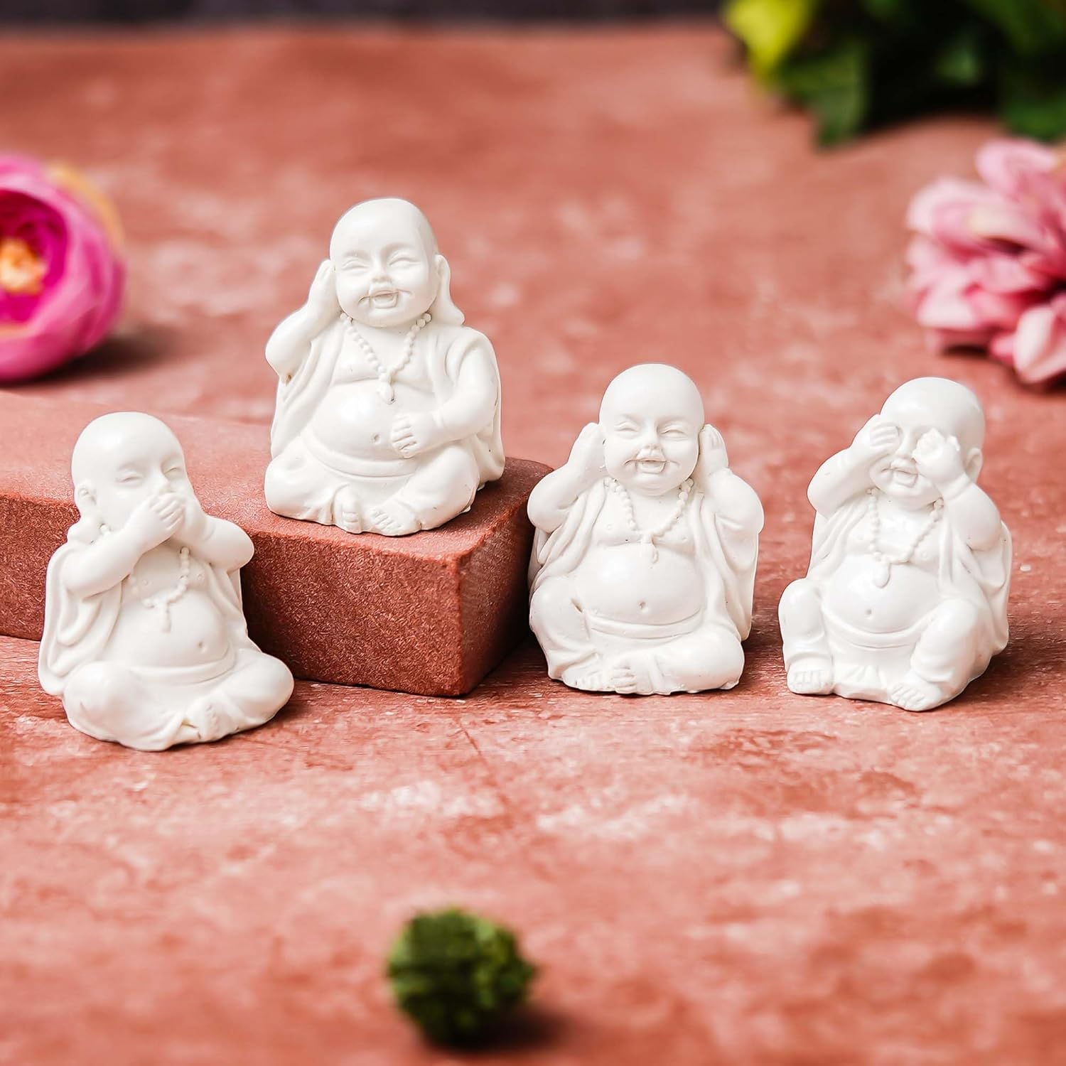 eCraftIndia Set of 4 White Baby Monk Buddha Statues for Home Decoration – Embrace The Principles: See, Hear, Speak, and Think No Evil