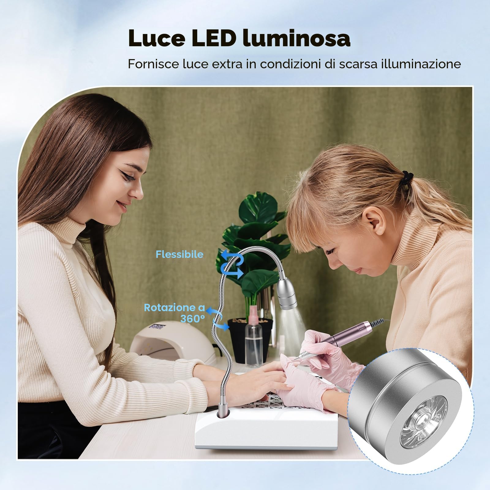 Fresa elettrica per unghie 4 in 1, aspiratore professionale per polvere da 30.000 giri/min, potente aspiratore da 80 W, luce LED girevole da 6 W, silenzioso, con 3 lime per salone (White)