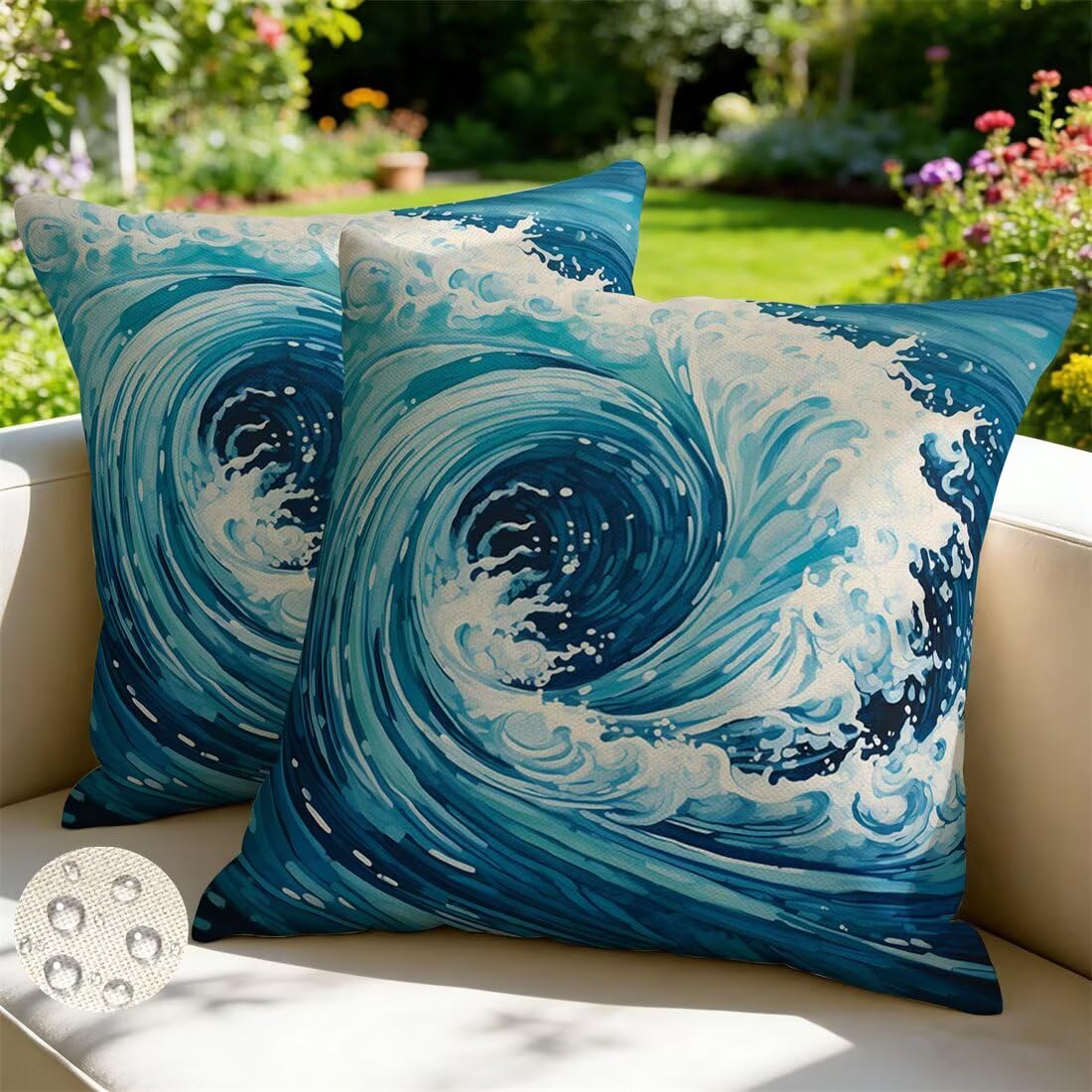 Wangllpgy Waves Outdoor Cushions 35Cm X 35Cm Set Of 2 Waterproof Cushion Covers Abstract Garden Cushions Summer Decorative Pillows Throw Pillow Covers Double-Sided For Outdoor Patio Garden Couch Sofa -Gy465