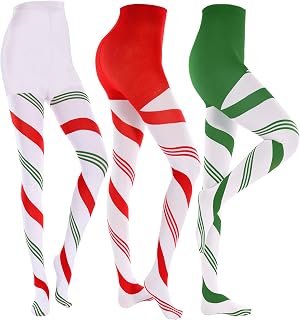 Sumind 3 Pairs Christmas Day Striped Tights, Red Green White | Full Length & Thigh High, Candy Striped Socks for Women Halloween Cosplay, Xma Elf Costume Accessory