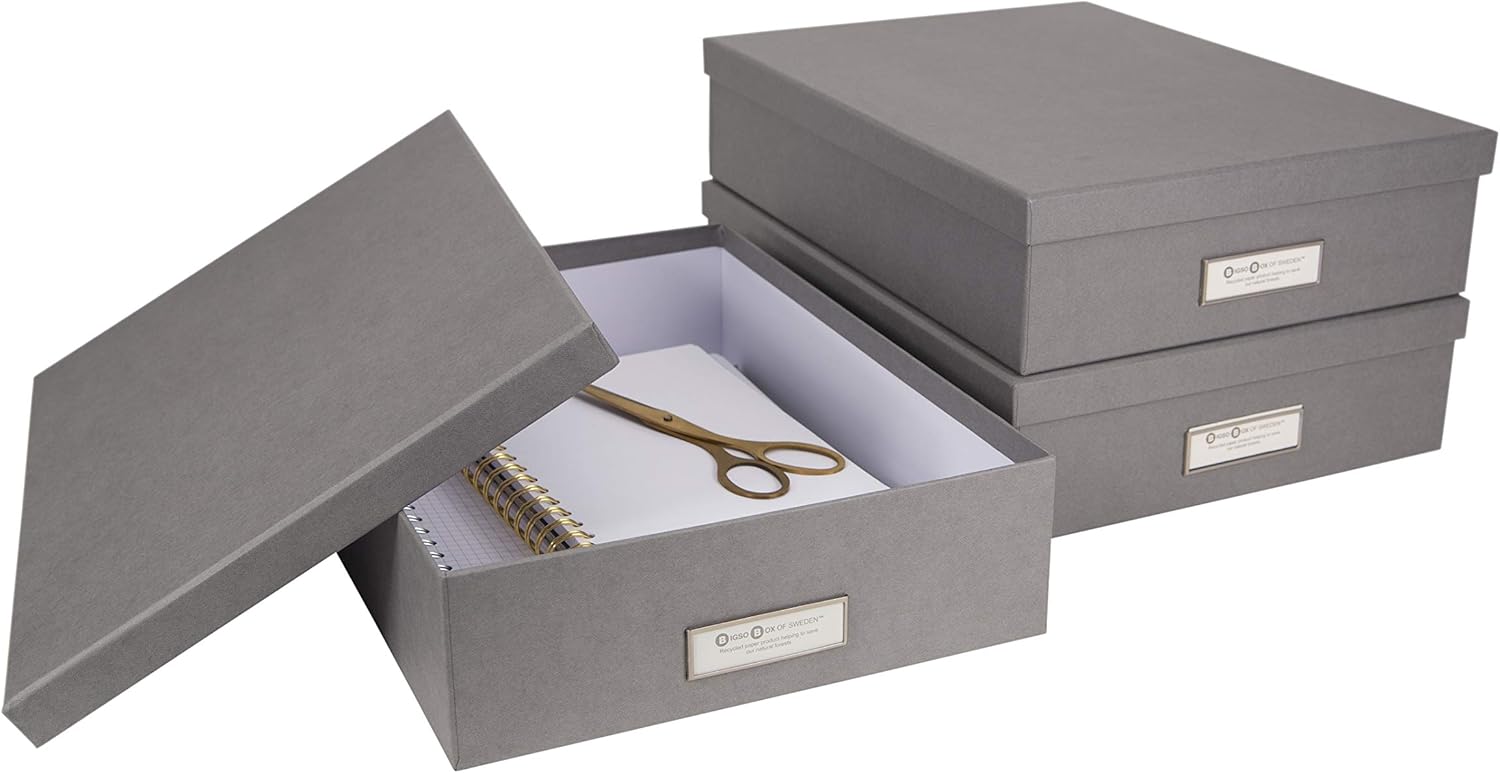 Bigso Oskar Fiberboard Label Frame Document Letter Box - File Organizer Box for Important Paperwork - Document Storage with a Lid & Metal Label Window - 3.3 in x 10.2 in x 13.8 in - Grey