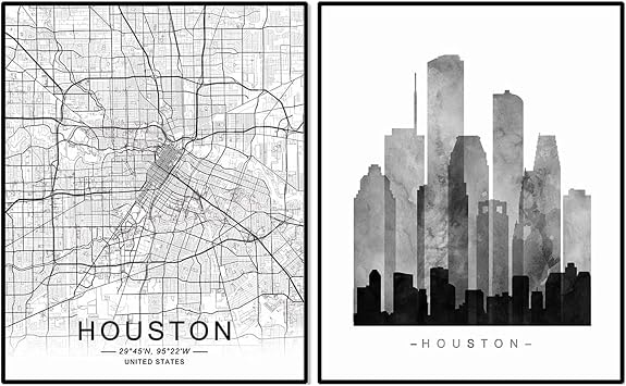 Houston Skyline, Houston Wall Art, Houston Street Map, Watercolor Skyline Print, Building Wall Decor, Office Wall Art, Houston Map Print, Set of 2 Prints, 11X14 Inch Unframed