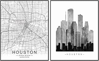 Houston Skyline, Houston Wall Art, Houston Street Map, Watercolor Skyline Print, Building Wall Decor, Office Wall Art, Houston Map Print, Set of 2 Prints, 11X14 Inch Unframed