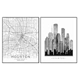 Houston Skyline, Houston Wall Art, Houston Street Map, Watercolor Skyline Print, Building Wall Decor, Office Wall Art, Houston Map Print, Set of 2 Prints, 11X14 Inch Unframed