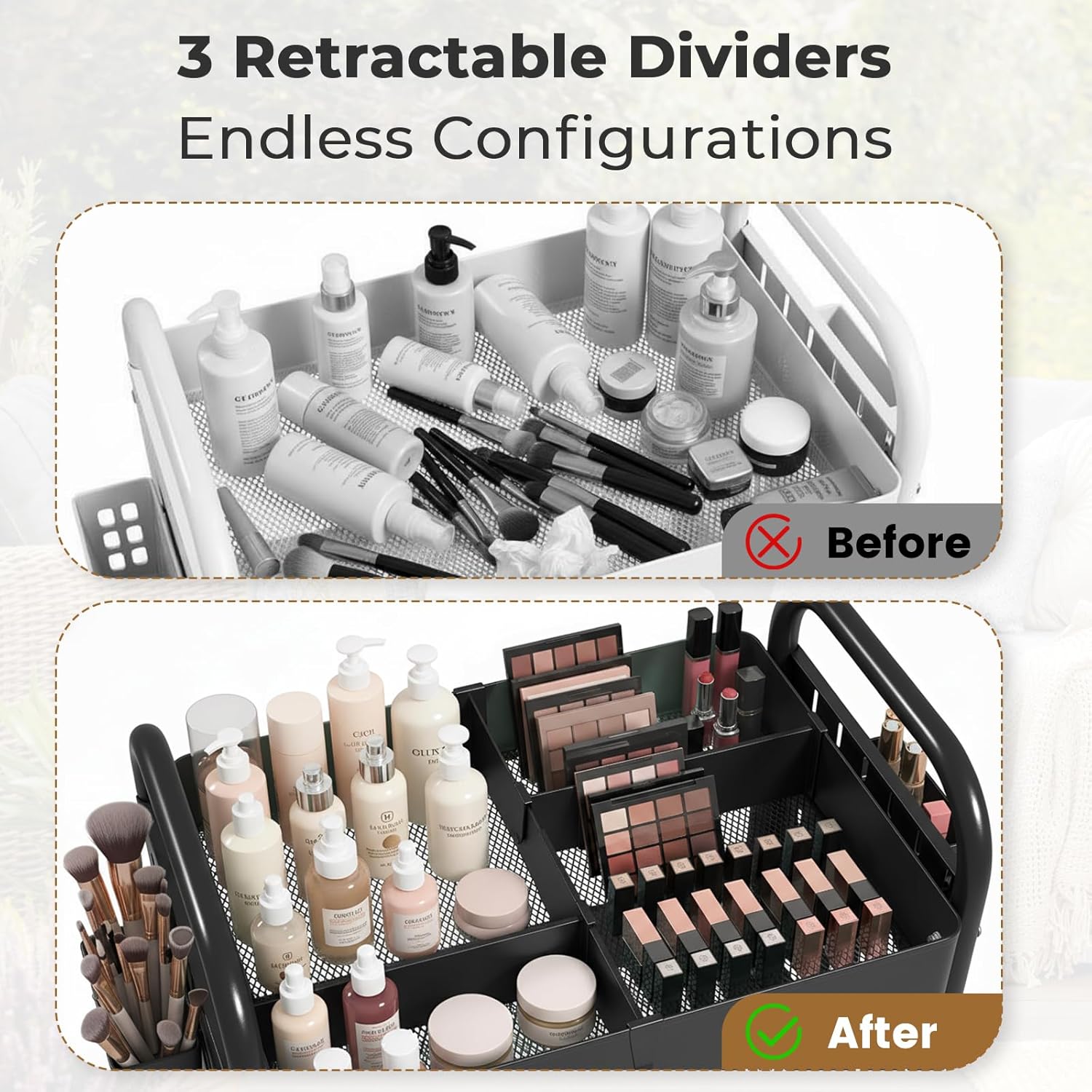 danpinera Craft Cart, Black Rolling Cart with Retractable Dividers & DIY Pegboards for Kitchen, Bedroom, Laundry