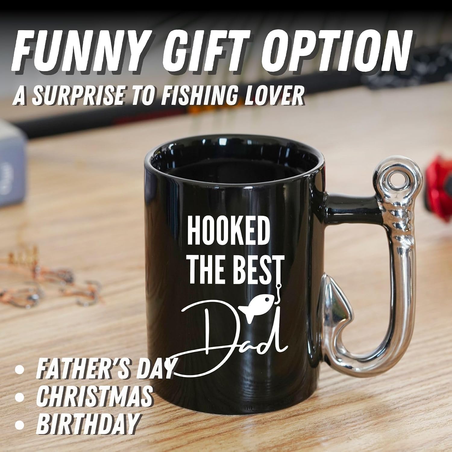 Onebttl Dad Gifts Coffee Mug, Fishing Gifts for Father from Daughter, Son, Funny Ceramic Mug for Birthday, Christmas, Father's Day, 13.5oz - Hooked The Best Dad