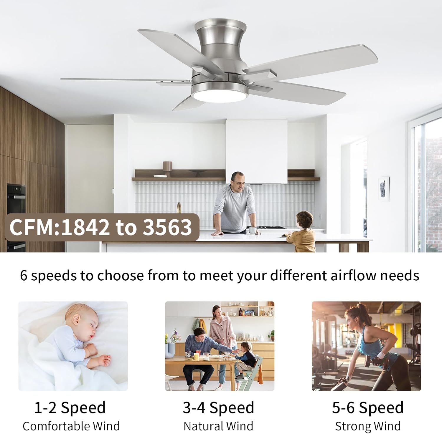 42 Inch Flush Mount Brushed Nickel Ceiling Fan with Light and Remote Control.Noiseless,Dimmable,3CCT,6 Speeds Reversible, Low Profile DC Ceiling Fans for Indoor or Covered Outdoor Use,ETL Listed - Image 7