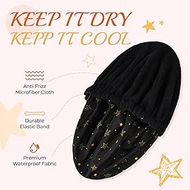 Shower Cap for Women Terry Lined Bath Cap Large Reusable Waterproof Elastic Band Black Star Shower Caps for Long Thick Hair Soft Bath Shower Hair Caps