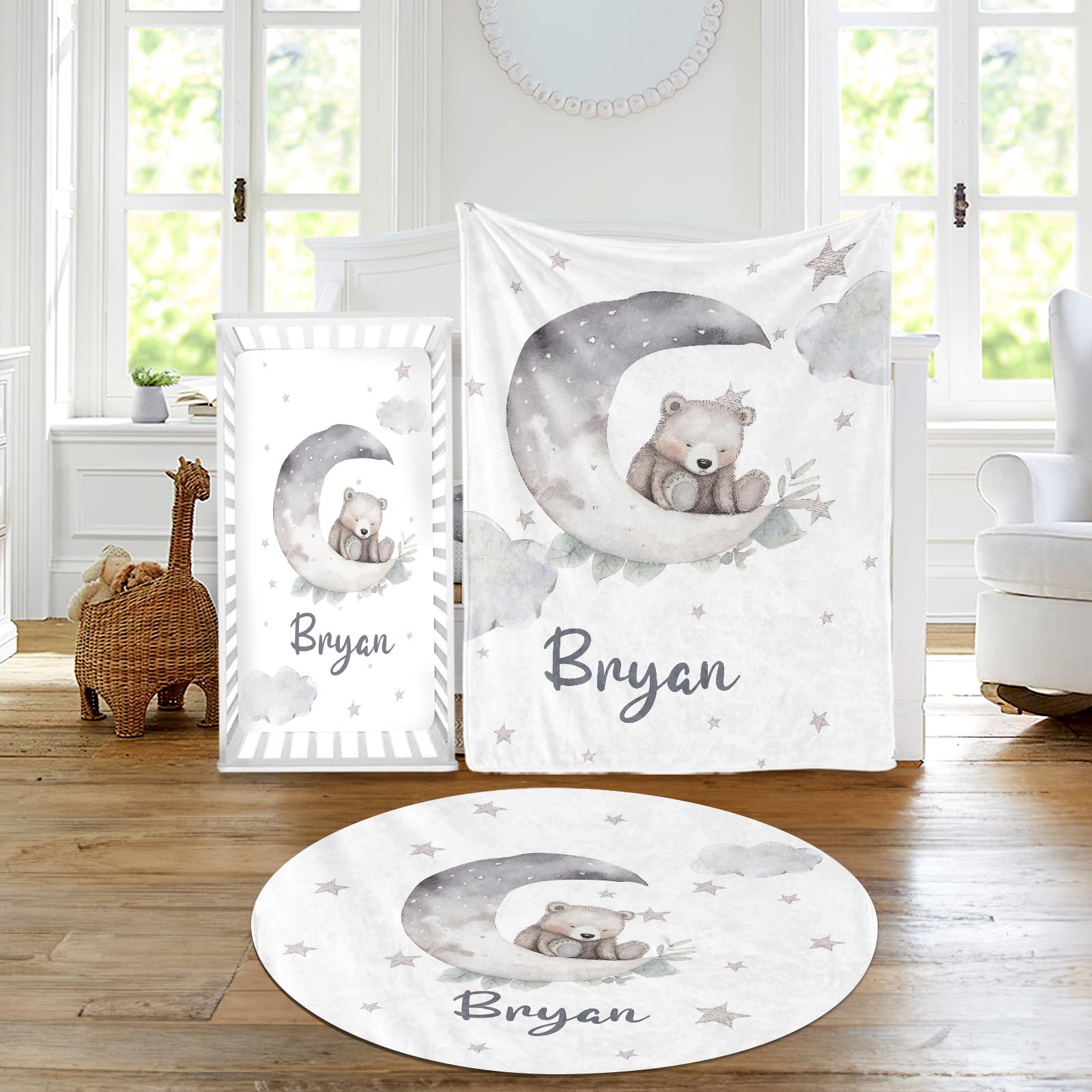 Juego de ropa de cama personalizado para cuna de bebé, juego de 3 piezas con nombre personalizado de animal lunar, manta suave y elegante, sábana, alfombra para gatear para recién nacidos,