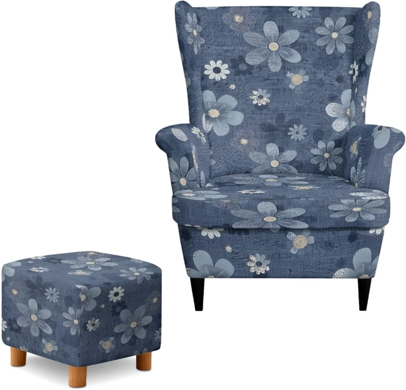 Talayituse Blue Cute Floral Print 3 Piece Wingback Chair Covers Set for Living Room Wing Chair Slipcover with Ottoman Cover Removable Stretch Armchair Slipcovers for Home Decor