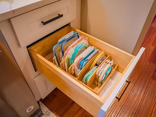 Miniatura 6 de Umilife Organizador grande de tapas para contenedores de alimentos para armario y cajón de cocina, organizador de bambú con 5 divisores altos