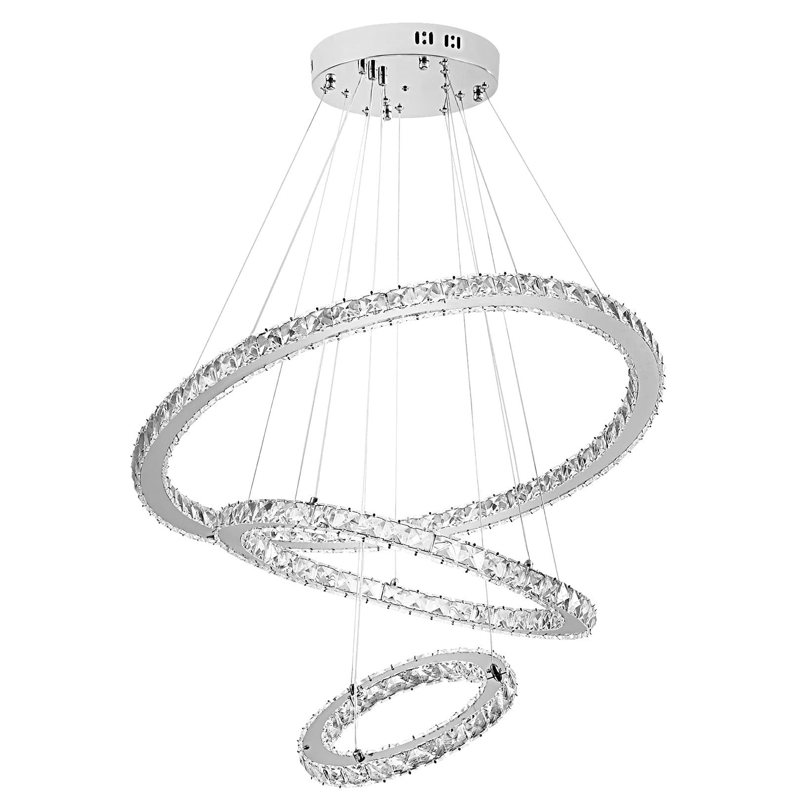 UISEBRT Lampa wisząca LED, 96 W, kryształowa – nowoczesna, kreatywna, z regulacją wysokości, żyrandol sufitowy, trzy pierścienie, do jadalni, sypialni, salonu, zimna biel