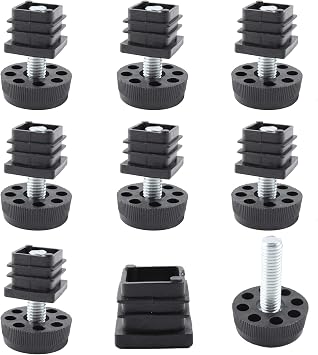 8Pcs Adjustable Leveling Feet, Square Insert Kit, Furniture Glide Leveler, Black, 20x20mm, 30x11mm, For Cabinets, Sofa Tables, Chairs