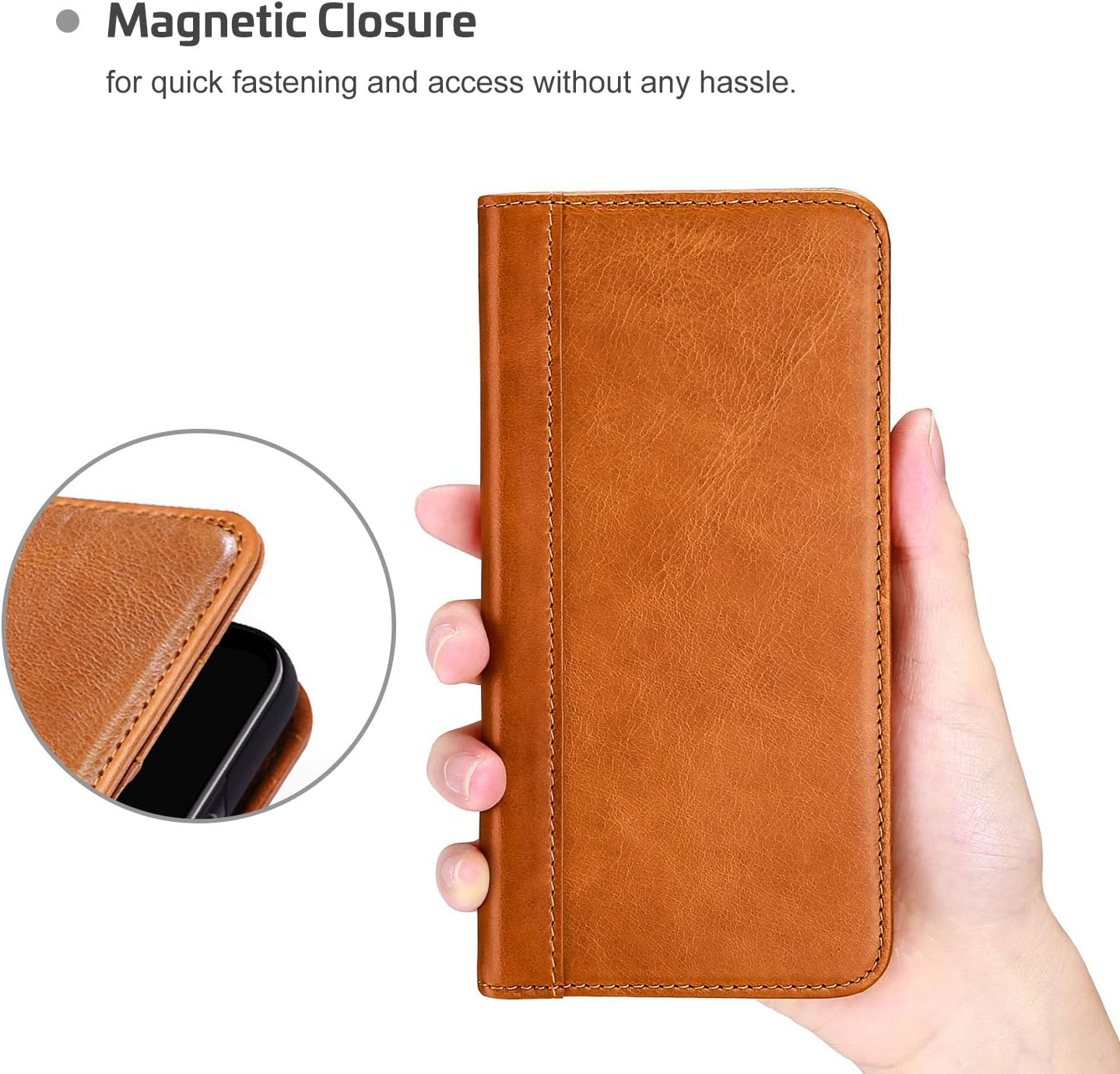 ProCase iPhone Xs Max Wallet Case, Genuine Leather Flip Cover Case with Kickstand Credit Card Holder and Magnetic Closure for iPhone Xs Max 6.5 Inch 2018 Release –Brown