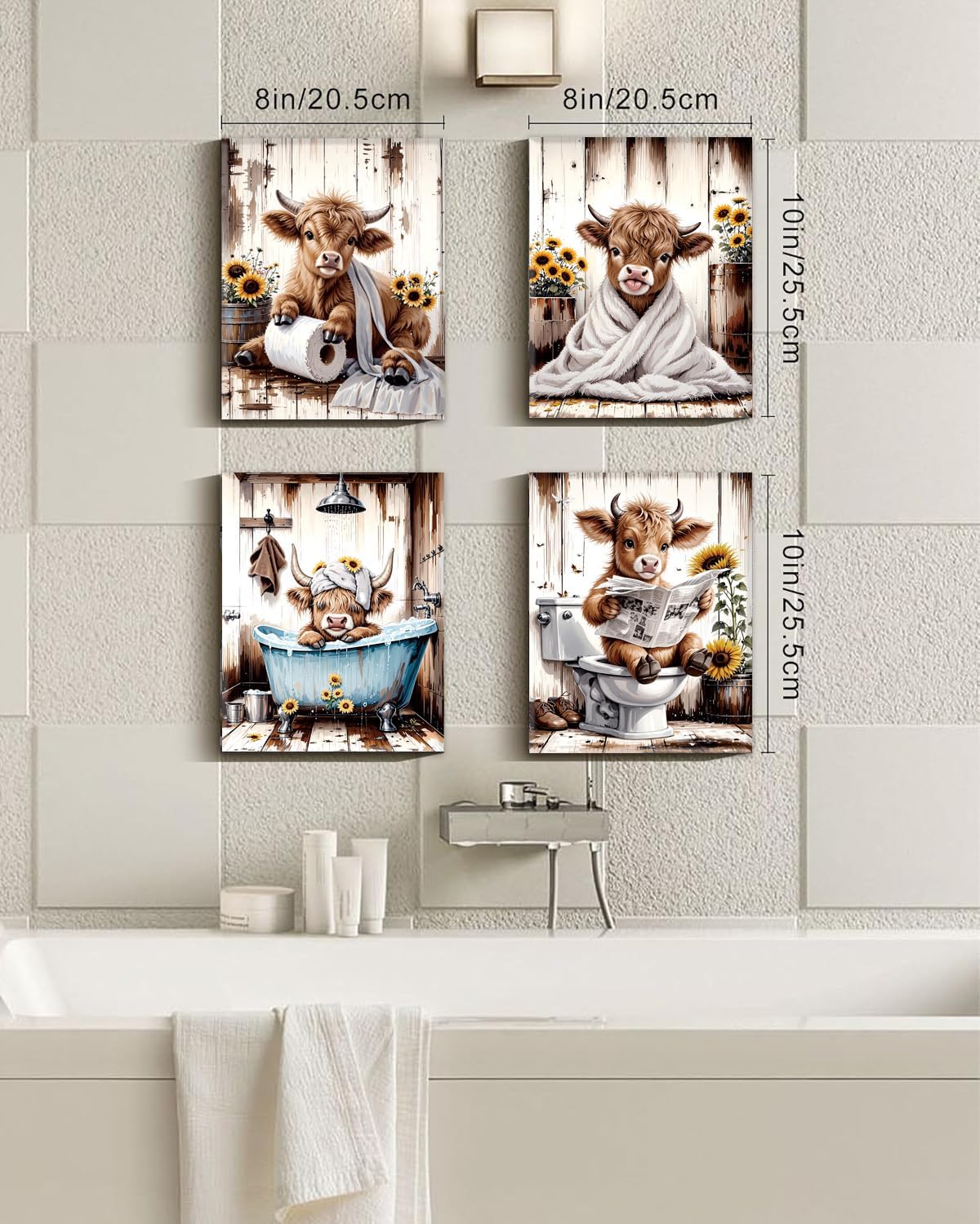 Framed Highland Cow Baby Canvas Wall Art,Highland Cow Bathroom Decor Wall Art,Funny Sunflower Cow Wall Prints Art Signs,Vintage Humor Animal Bathroom Pictures Artwork Home Decor Set of 4(8x10in)