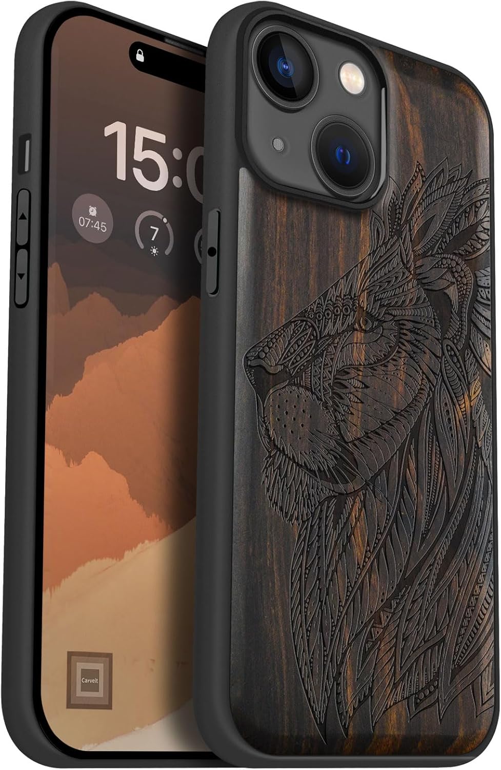 Carveit Magnetic Wooden Case for iPhone 15 Case, Compatible with MagSafe Wireless Chargers, Black Soft TPU Shockproof Cover & Wood Artisan Engraved (Ornate Lion's Head) - Blackwood