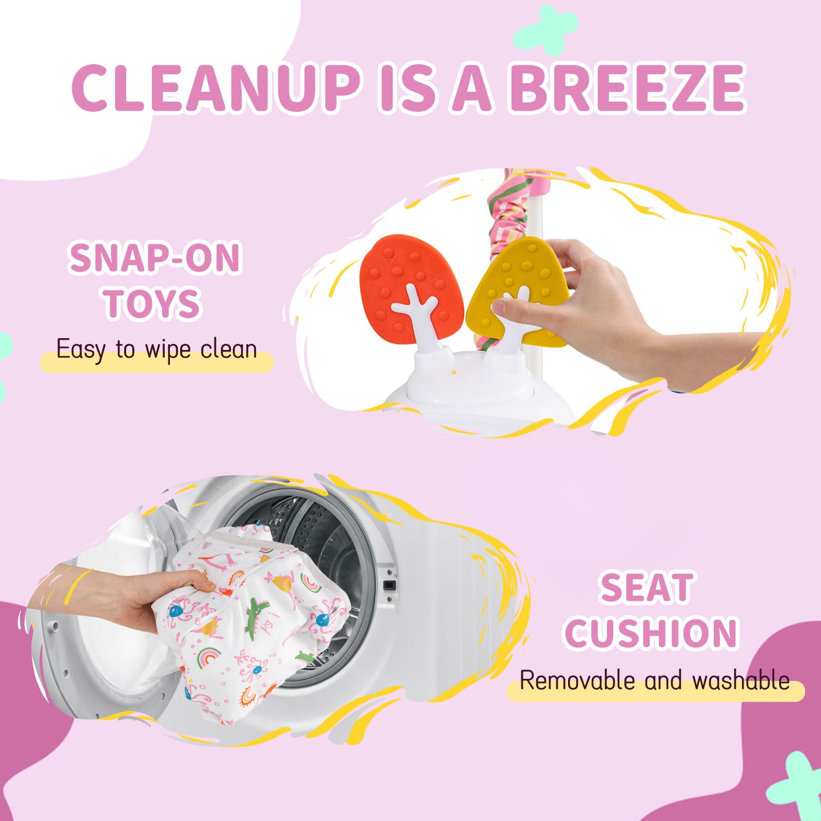 COSTWAY Baby Activity Center, Baby Jumpers & Bouncers with 360° Rotary Seat, Music, Lights, 3 Adjustable Heights, Interactive Toys, for Ages 6 Months + (Pink) - 5