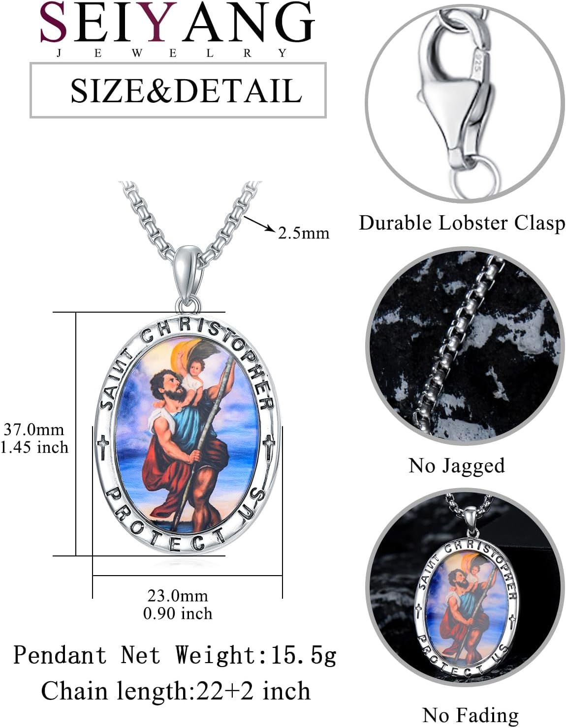 Seiyang St Michael/St Christopher/Virgin Mary Necklace 925 Sterling Silver Amulet Medal Pendant Jewelry for Men Women (with Gift Box)