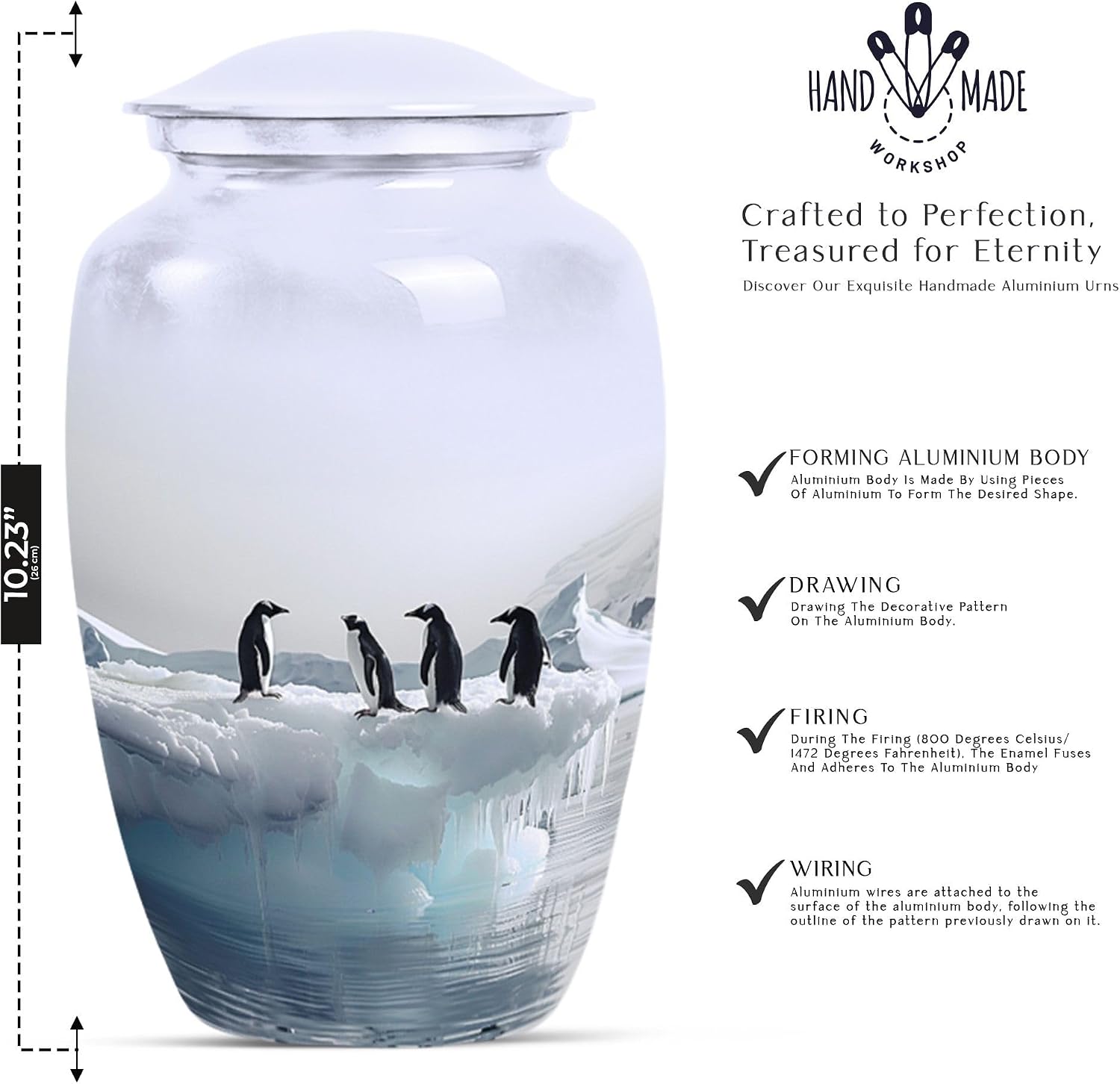 Penguins Talking 10 Inch Aluminum Urn for Human Ashes, White, Cremation Urn