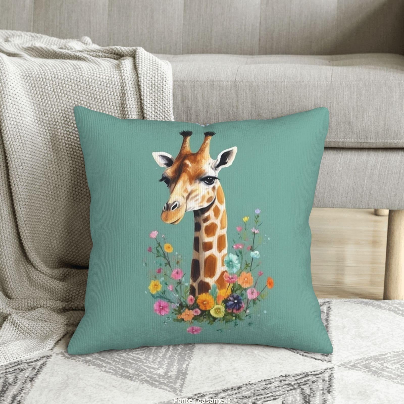Housse de coussin décorative velours côtelé girafe fleurs 40x40 pour lit et canapé