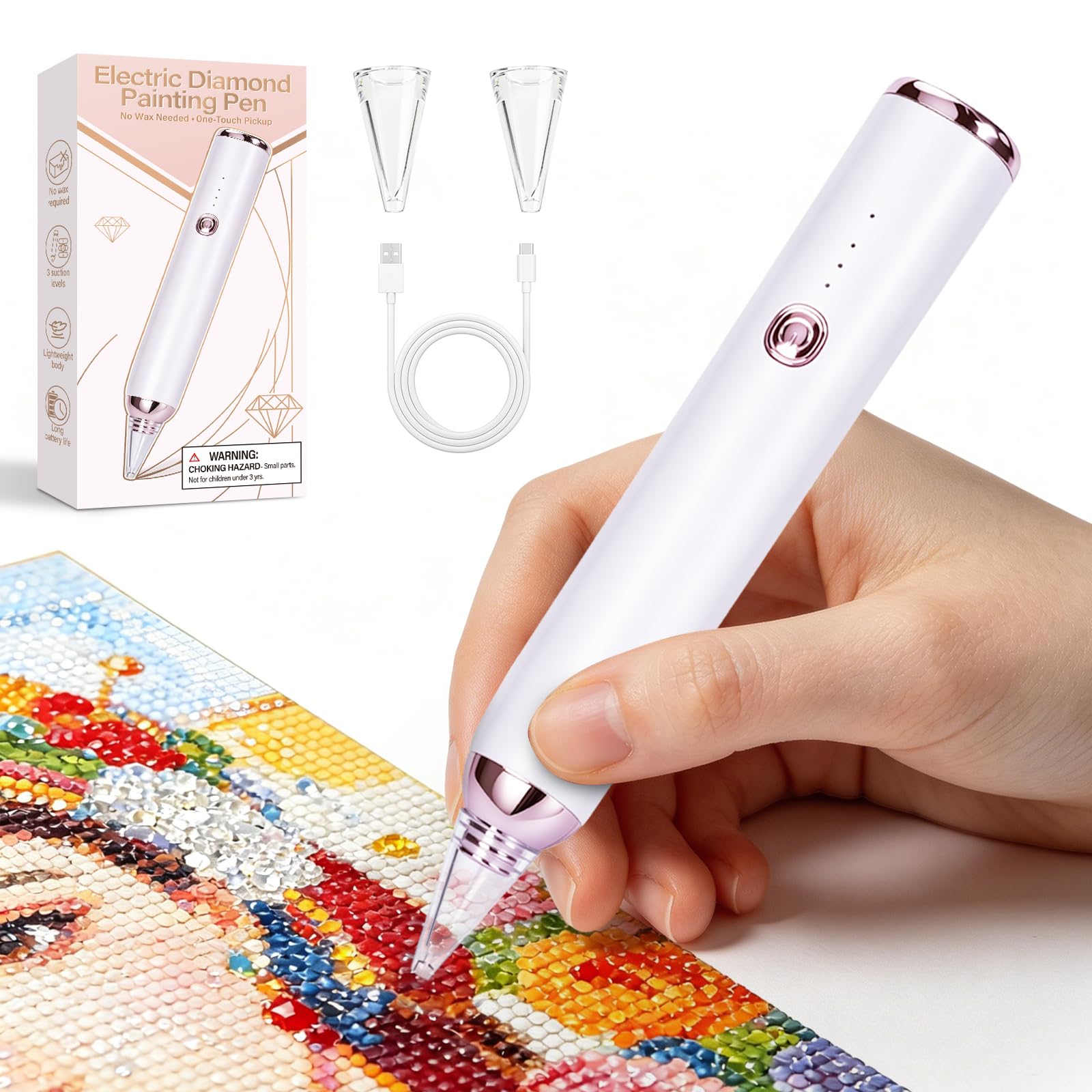 Yellcetoy Diamond Painting Stift Elektrisch, Kabelloser Automatischer Diamant Paiting Pen Set, 3 Saugstufen Wiederaufladbar Diamantmalerei Pen Zubehör für Erwachsene