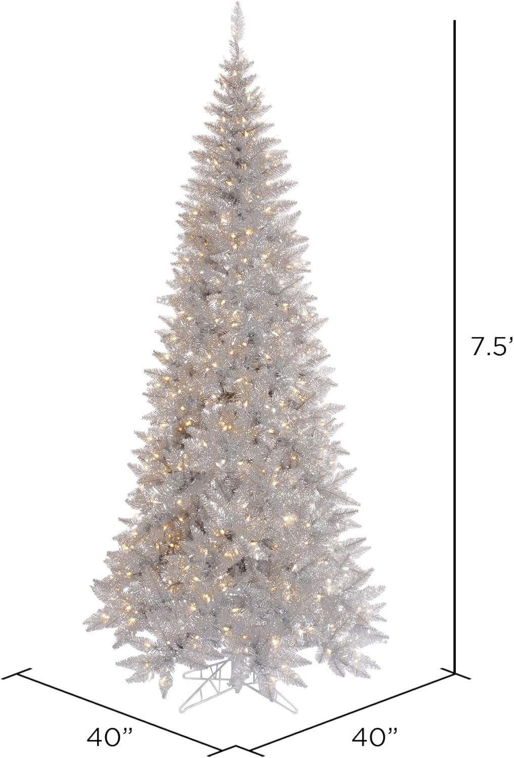 Vickerman 7.5' Silver Tinsel Fir Slim Artificial Christmas Tree, Warm White Dura-lit LED Lights - Faux Silver Christmas Tree - Seasonal Indoor Home Decor
