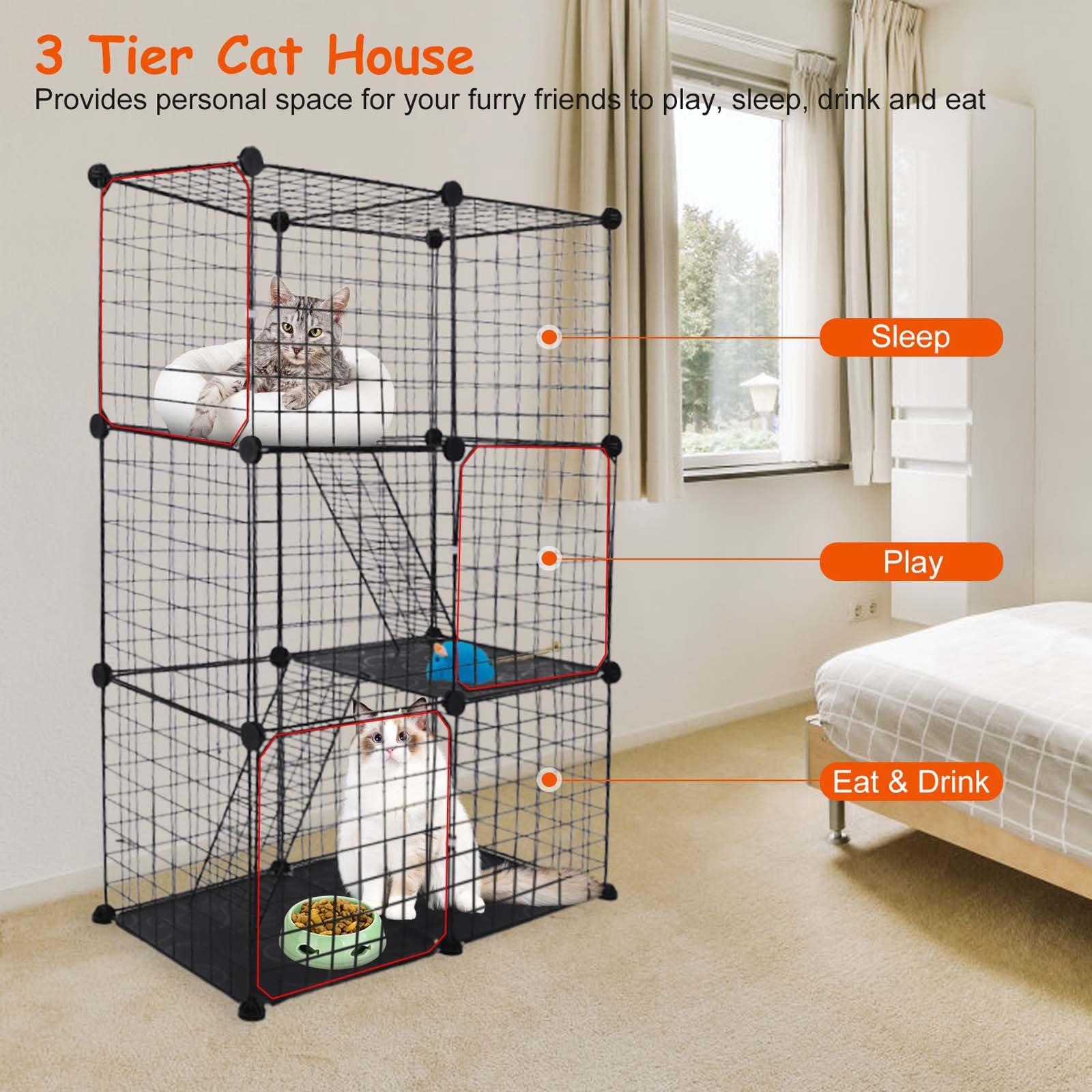 Jaula para gatos de 3 niveles, para interiores, con 3 plataformas de descanso ajustables, jaula grande para gatos de 42 pulgadas, jaula para hurones, corralito para gatos con 3 puertas