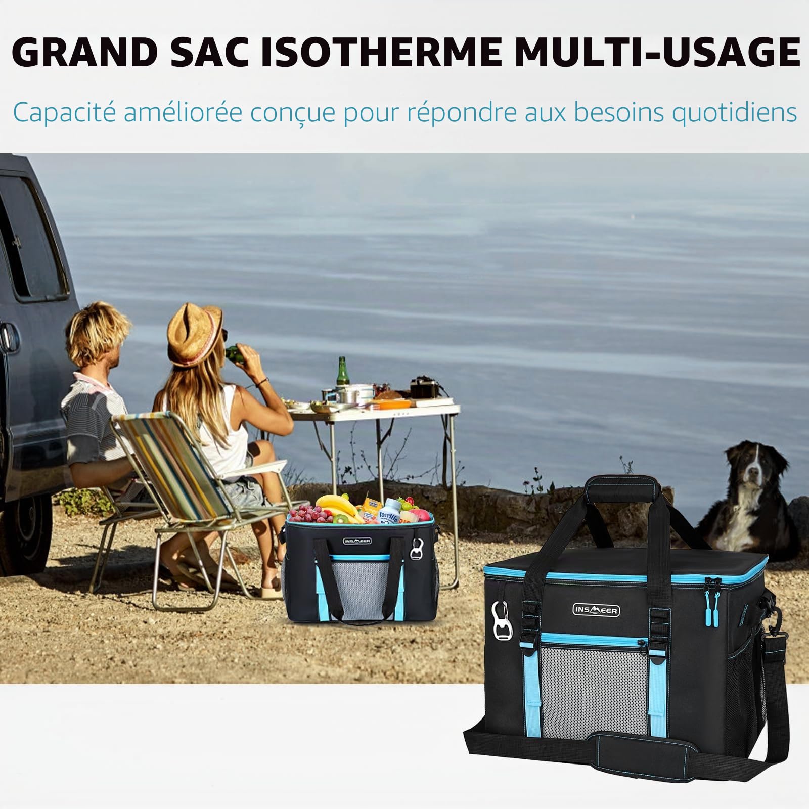 INSMEER Sac isotherme grand 50 L, sacs isothermes pliables pour 80 canettes, étanche/avec ouvre-bouteille intégré, sac de pique-nique/boîte isotherme grande pour camping, plage, pique-nique